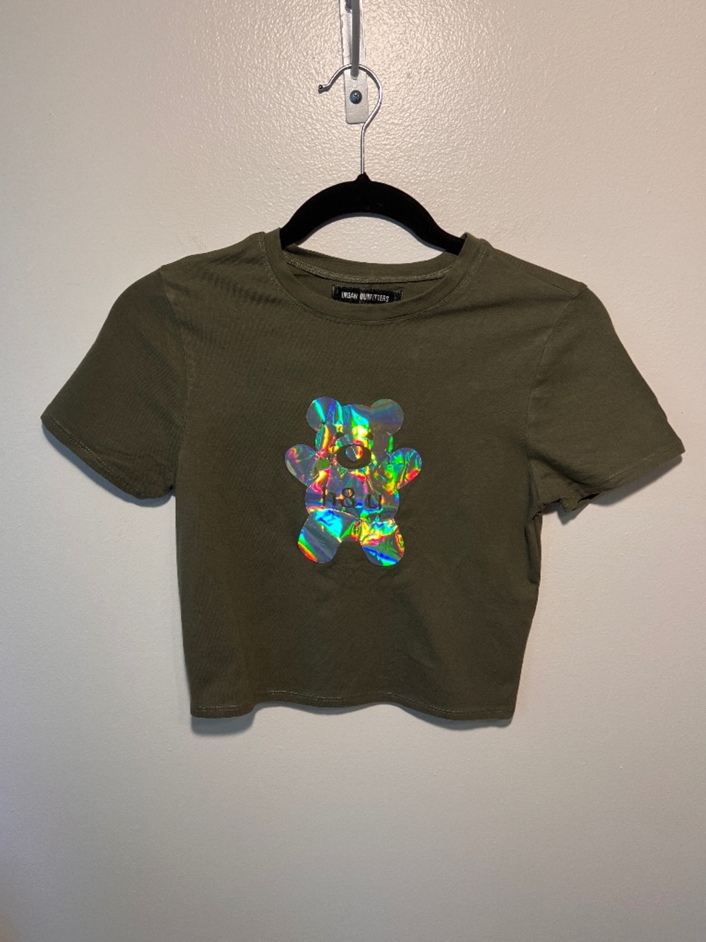 Urban Outfitters Olive Green Cropped Graphic Tee w/ Holographic Bear | Size M